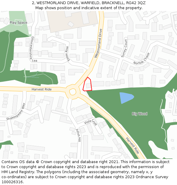 2, WESTMORLAND DRIVE, WARFIELD, BRACKNELL, RG42 3QZ: Location map and indicative extent of plot