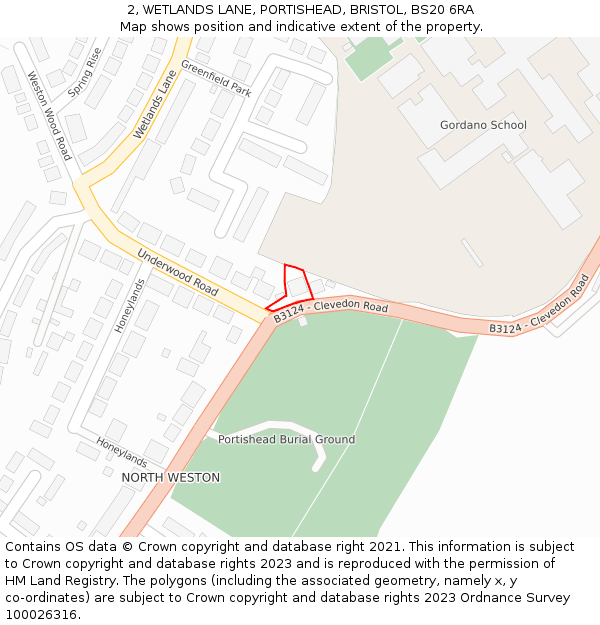 2, WETLANDS LANE, PORTISHEAD, BRISTOL, BS20 6RA: Location map and indicative extent of plot