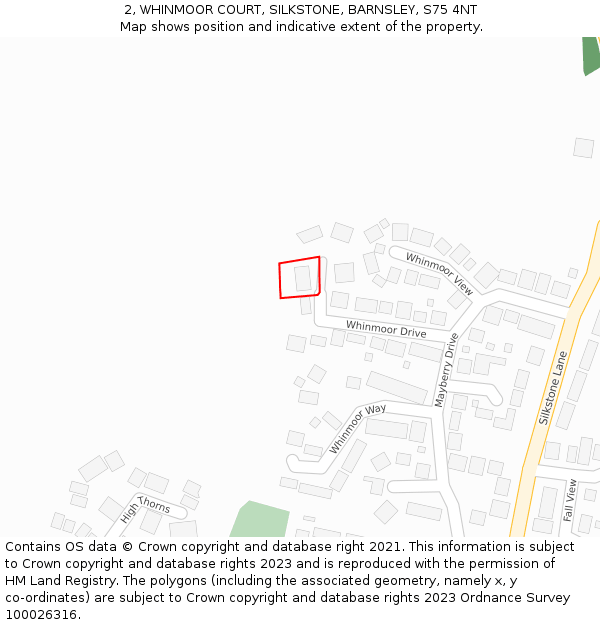 2, WHINMOOR COURT, SILKSTONE, BARNSLEY, S75 4NT: Location map and indicative extent of plot