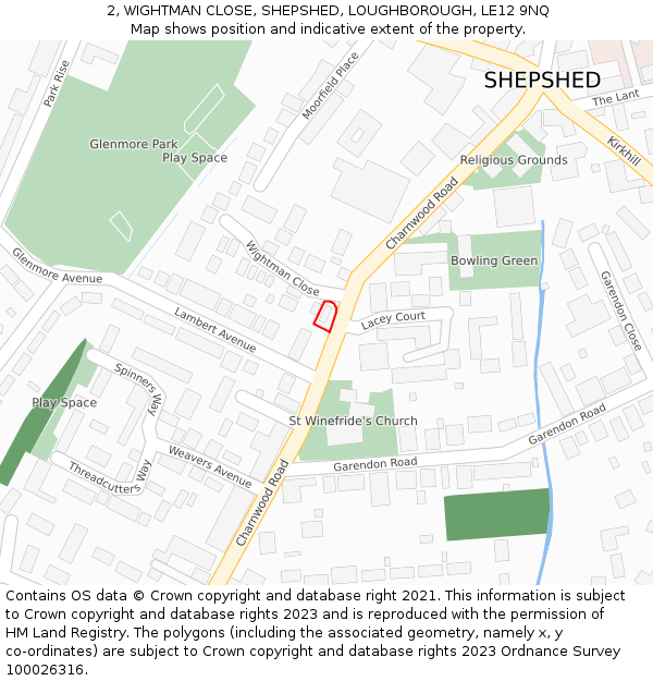 2, WIGHTMAN CLOSE, SHEPSHED, LOUGHBOROUGH, LE12 9NQ: Location map and indicative extent of plot