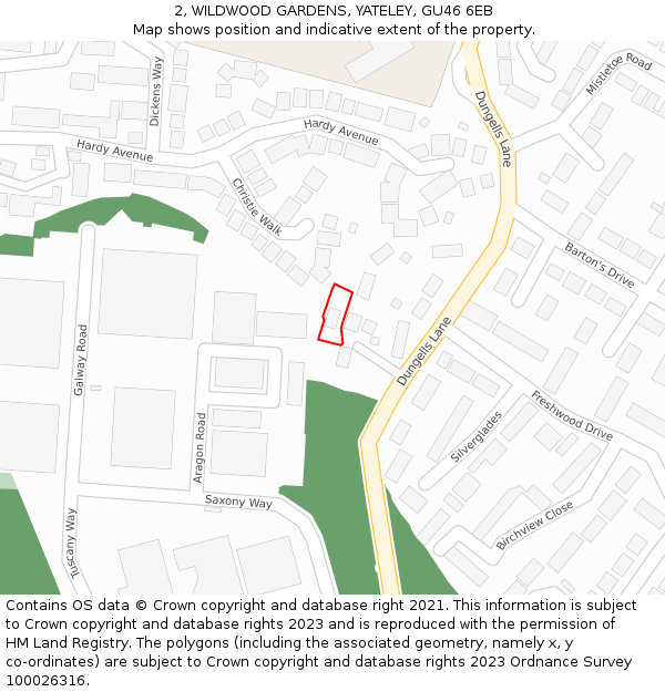 2, WILDWOOD GARDENS, YATELEY, GU46 6EB: Location map and indicative extent of plot