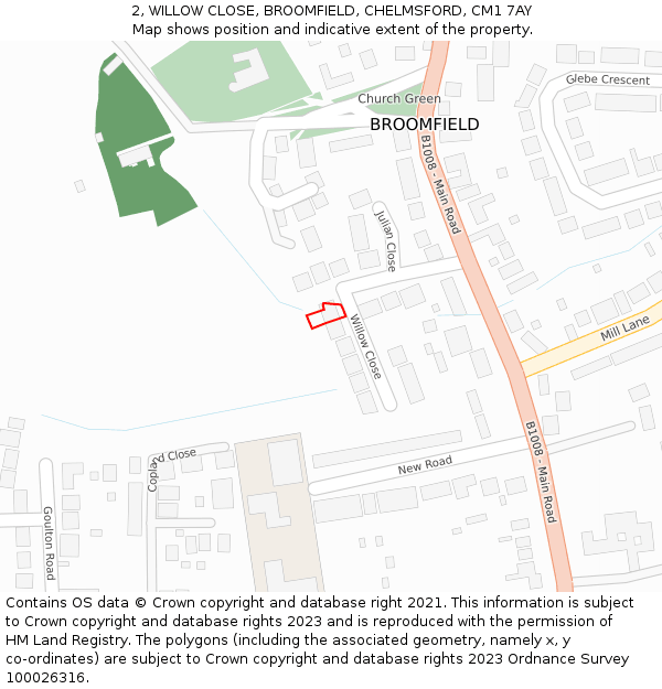 2, WILLOW CLOSE, BROOMFIELD, CHELMSFORD, CM1 7AY: Location map and indicative extent of plot