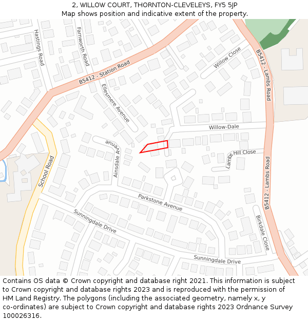2, WILLOW COURT, THORNTON-CLEVELEYS, FY5 5JP: Location map and indicative extent of plot