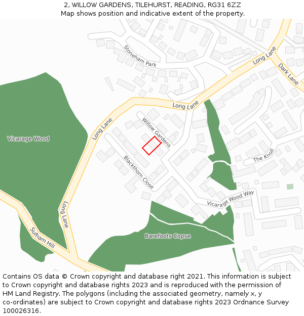 2, WILLOW GARDENS, TILEHURST, READING, RG31 6ZZ: Location map and indicative extent of plot