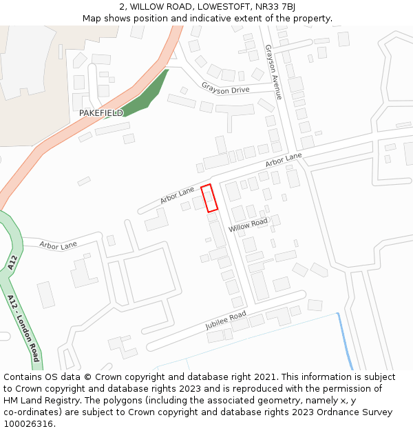 2, WILLOW ROAD, LOWESTOFT, NR33 7BJ: Location map and indicative extent of plot