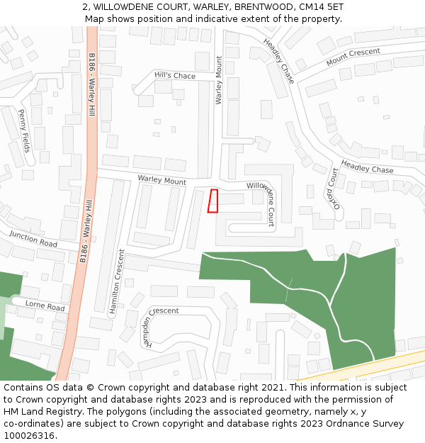 2, WILLOWDENE COURT, WARLEY, BRENTWOOD, CM14 5ET: Location map and indicative extent of plot