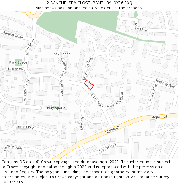 2, WINCHELSEA CLOSE, BANBURY, OX16 1XQ: Location map and indicative extent of plot