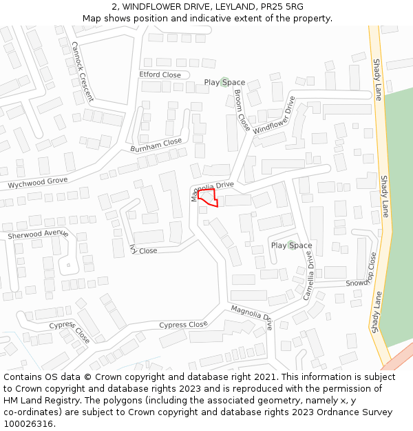 2, WINDFLOWER DRIVE, LEYLAND, PR25 5RG: Location map and indicative extent of plot