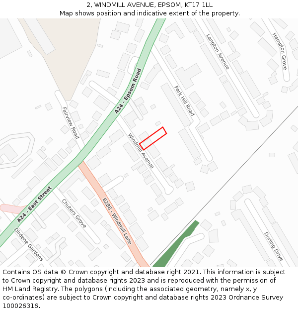 2, WINDMILL AVENUE, EPSOM, KT17 1LL: Location map and indicative extent of plot