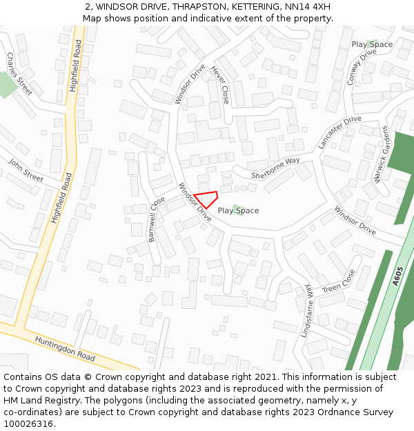 2, WINDSOR DRIVE, THRAPSTON, KETTERING, NN14 4XH: Location map and indicative extent of plot