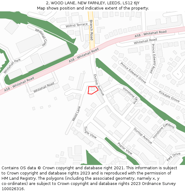 2, WOOD LANE, NEW FARNLEY, LEEDS, LS12 6JY: Location map and indicative extent of plot