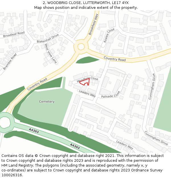 2, WOODBRIG CLOSE, LUTTERWORTH, LE17 4YX: Location map and indicative extent of plot