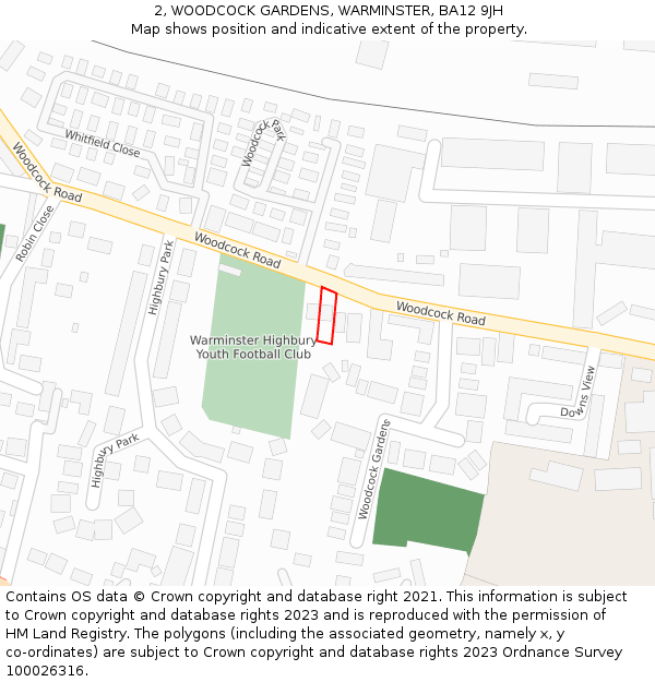 2, WOODCOCK GARDENS, WARMINSTER, BA12 9JH: Location map and indicative extent of plot
