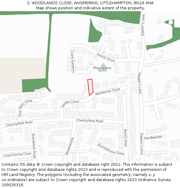 2, WOODLANDS CLOSE, ANGMERING, LITTLEHAMPTON, BN16 4NA: Location map and indicative extent of plot