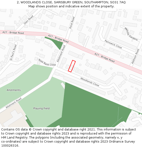 2, WOODLANDS CLOSE, SARISBURY GREEN, SOUTHAMPTON, SO31 7AQ: Location map and indicative extent of plot