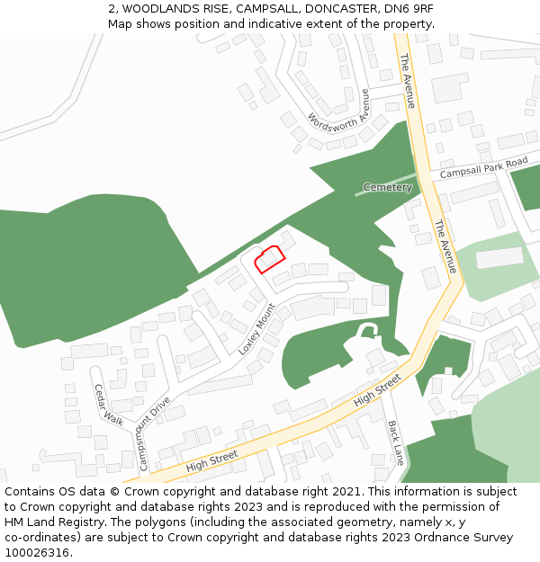 2, WOODLANDS RISE, CAMPSALL, DONCASTER, DN6 9RF: Location map and indicative extent of plot