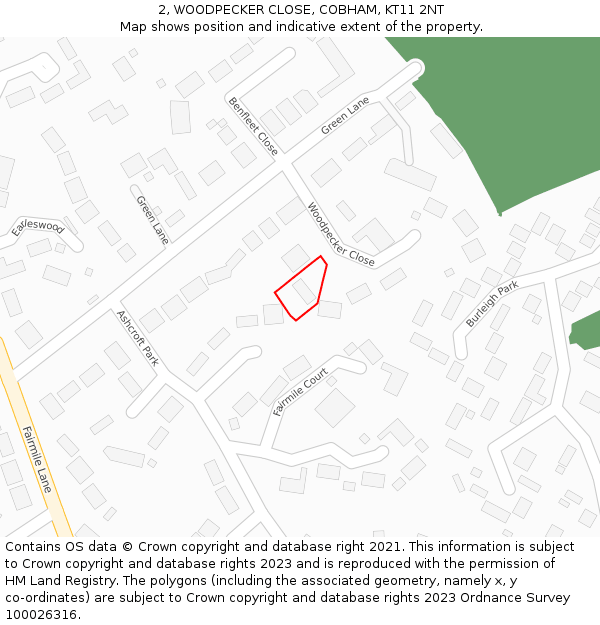 2, WOODPECKER CLOSE, COBHAM, KT11 2NT: Location map and indicative extent of plot