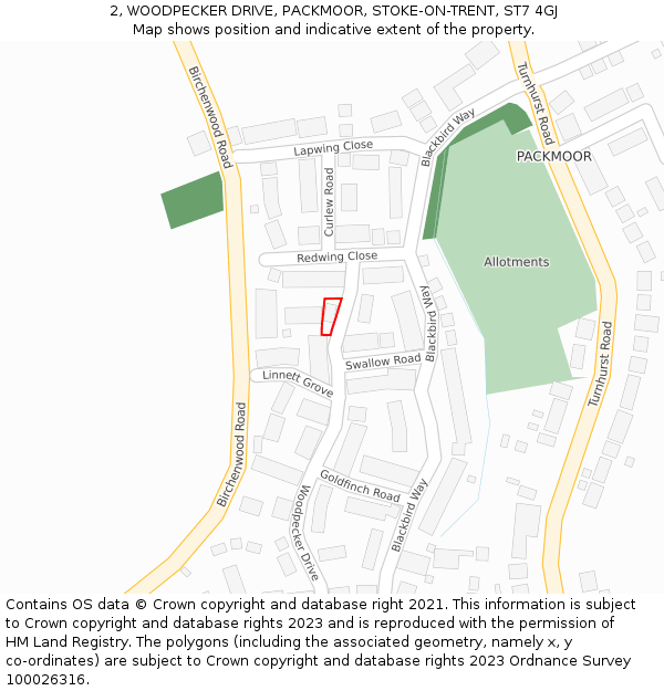 2, WOODPECKER DRIVE, PACKMOOR, STOKE-ON-TRENT, ST7 4GJ: Location map and indicative extent of plot