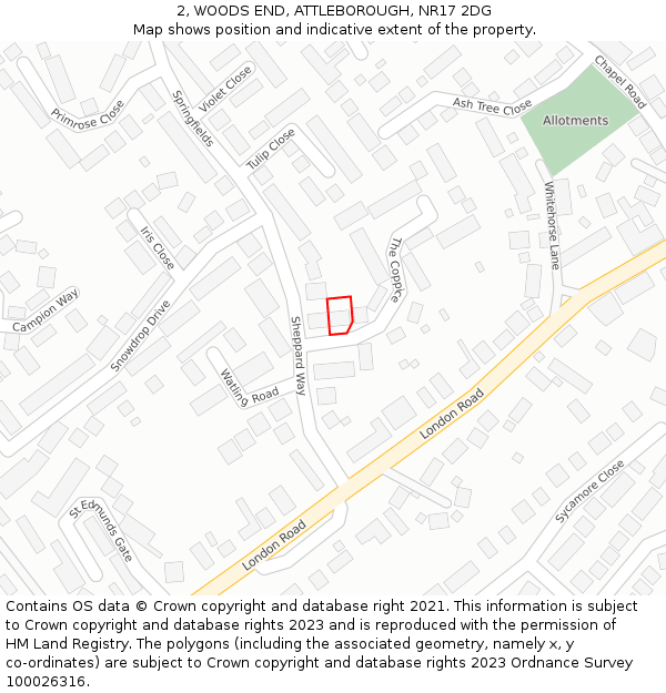 2, WOODS END, ATTLEBOROUGH, NR17 2DG: Location map and indicative extent of plot