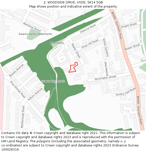 2, WOODSIDE DRIVE, HYDE, SK14 5QB: Location map and indicative extent of plot
