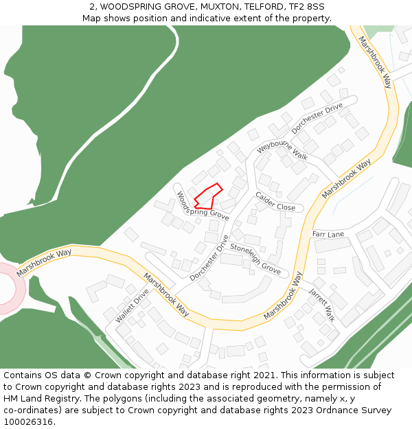 2, WOODSPRING GROVE, MUXTON, TELFORD, TF2 8SS: Location map and indicative extent of plot