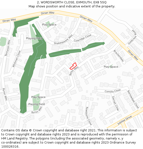 2, WORDSWORTH CLOSE, EXMOUTH, EX8 5SQ: Location map and indicative extent of plot