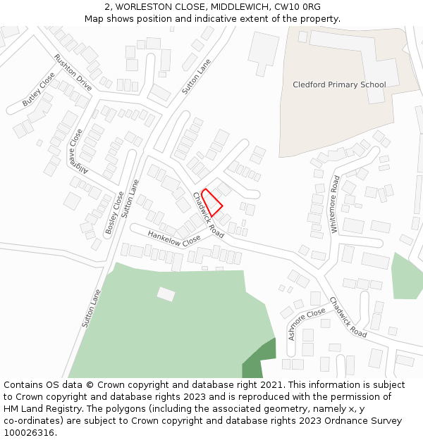 2, WORLESTON CLOSE, MIDDLEWICH, CW10 0RG: Location map and indicative extent of plot
