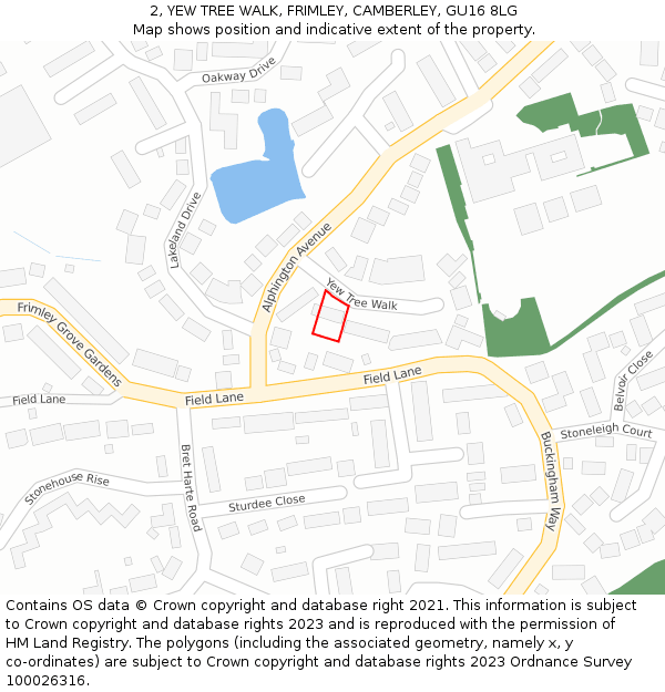 2, YEW TREE WALK, FRIMLEY, CAMBERLEY, GU16 8LG: Location map and indicative extent of plot