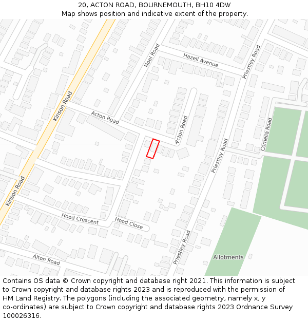 20, ACTON ROAD, BOURNEMOUTH, BH10 4DW: Location map and indicative extent of plot