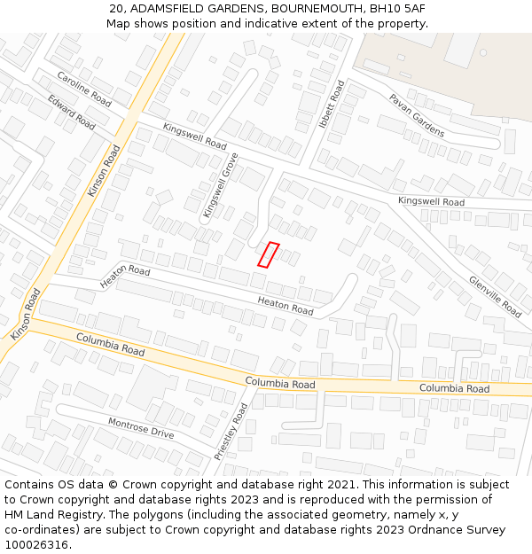 20, ADAMSFIELD GARDENS, BOURNEMOUTH, BH10 5AF: Location map and indicative extent of plot