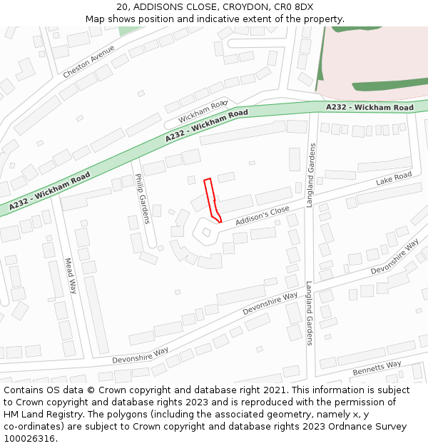 20, ADDISONS CLOSE, CROYDON, CR0 8DX: Location map and indicative extent of plot