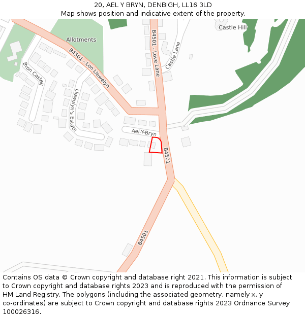 20, AEL Y BRYN, DENBIGH, LL16 3LD: Location map and indicative extent of plot