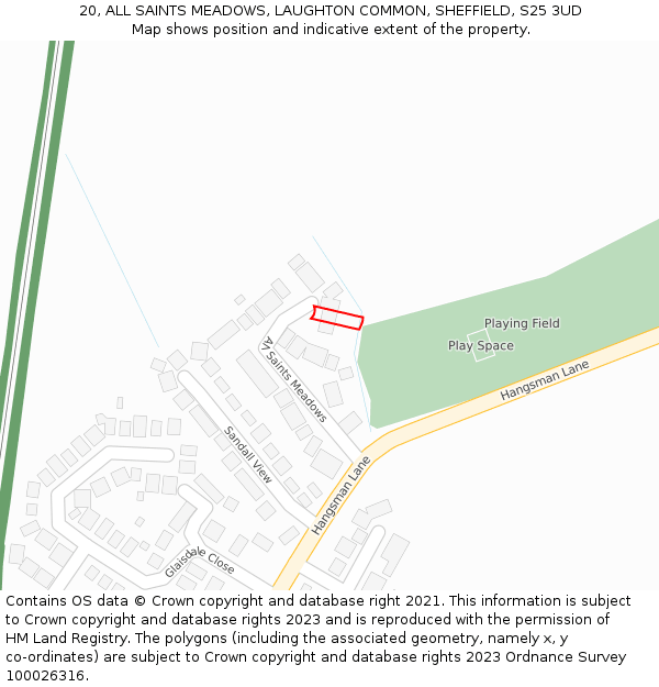 20, ALL SAINTS MEADOWS, LAUGHTON COMMON, SHEFFIELD, S25 3UD: Location map and indicative extent of plot