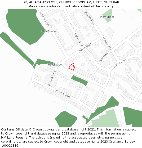 20, ALLAMAND CLOSE, CHURCH CROOKHAM, FLEET, GU52 8AR: Location map and indicative extent of plot