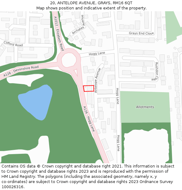 20, ANTELOPE AVENUE, GRAYS, RM16 6QT: Location map and indicative extent of plot