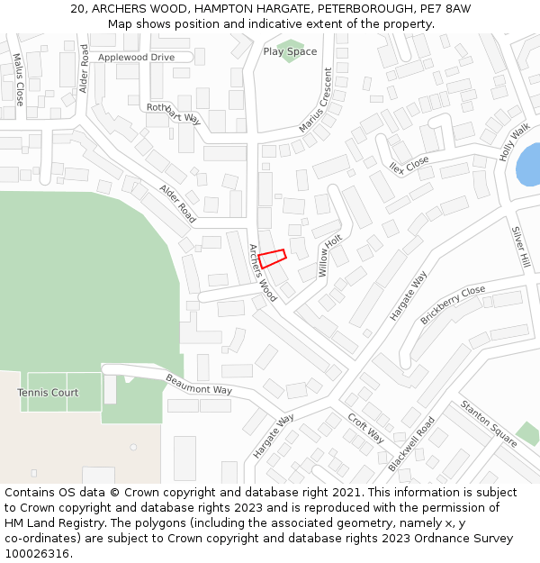 20, ARCHERS WOOD, HAMPTON HARGATE, PETERBOROUGH, PE7 8AW: Location map and indicative extent of plot