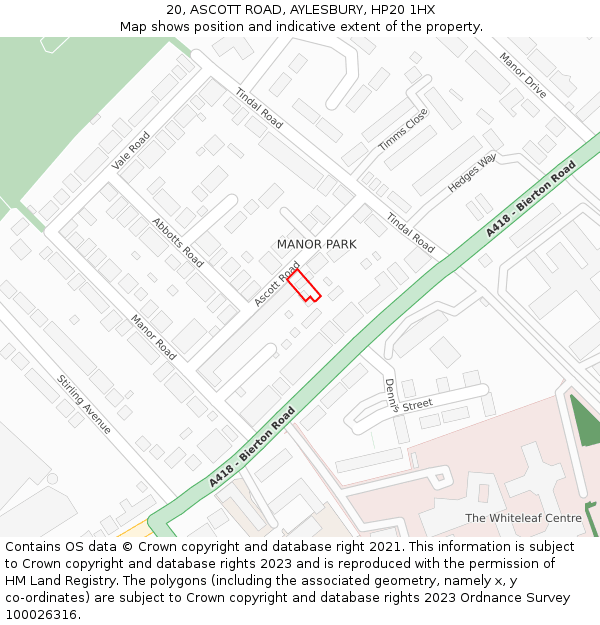 20, ASCOTT ROAD, AYLESBURY, HP20 1HX: Location map and indicative extent of plot
