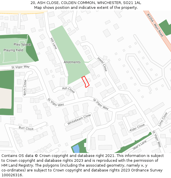 20, ASH CLOSE, COLDEN COMMON, WINCHESTER, SO21 1AL: Location map and indicative extent of plot