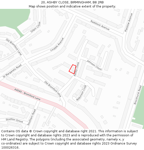 20, ASHBY CLOSE, BIRMINGHAM, B8 2RB: Location map and indicative extent of plot