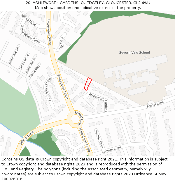 20, ASHLEWORTH GARDENS, QUEDGELEY, GLOUCESTER, GL2 4WU: Location map and indicative extent of plot
