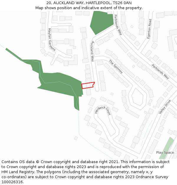 20, AUCKLAND WAY, HARTLEPOOL, TS26 0AN: Location map and indicative extent of plot