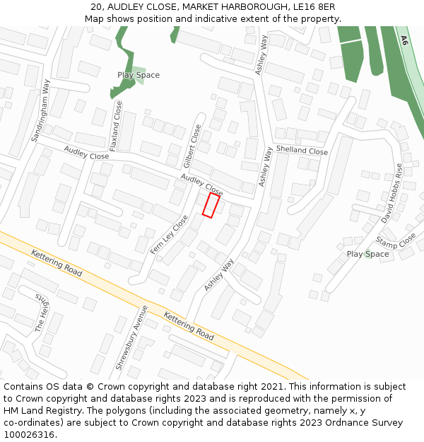 20, AUDLEY CLOSE, MARKET HARBOROUGH, LE16 8ER: Location map and indicative extent of plot