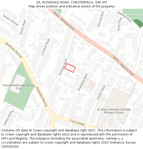 20, AVONDALE ROAD, CHESTERFIELD, S40 4TF: Location map and indicative extent of plot