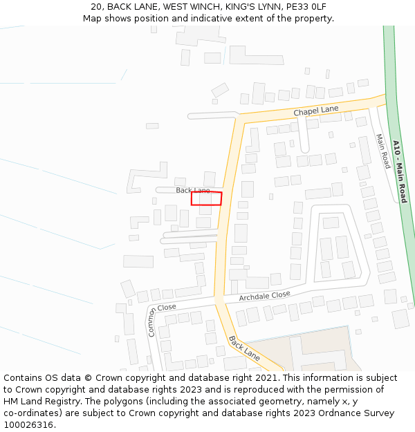20, BACK LANE, WEST WINCH, KING'S LYNN, PE33 0LF: Location map and indicative extent of plot