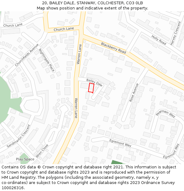 20, BAILEY DALE, STANWAY, COLCHESTER, CO3 0LB: Location map and indicative extent of plot