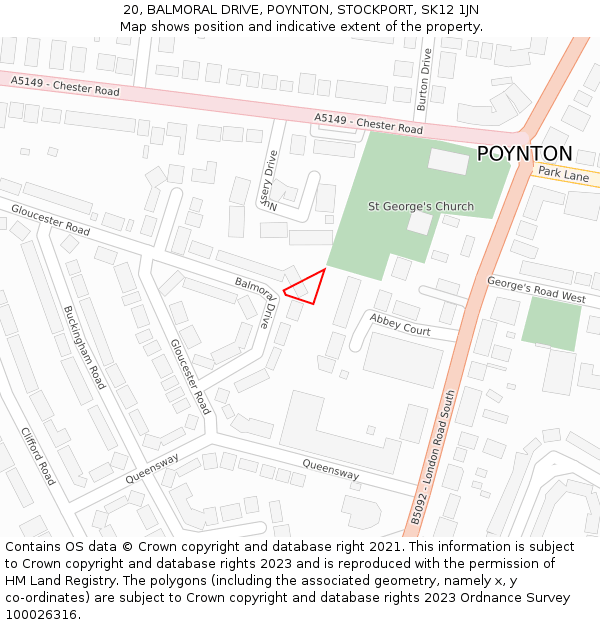 20, BALMORAL DRIVE, POYNTON, STOCKPORT, SK12 1JN: Location map and indicative extent of plot