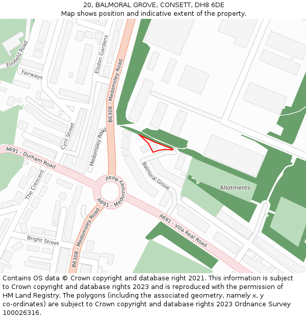 20, BALMORAL GROVE, CONSETT, DH8 6DE: Location map and indicative extent of plot