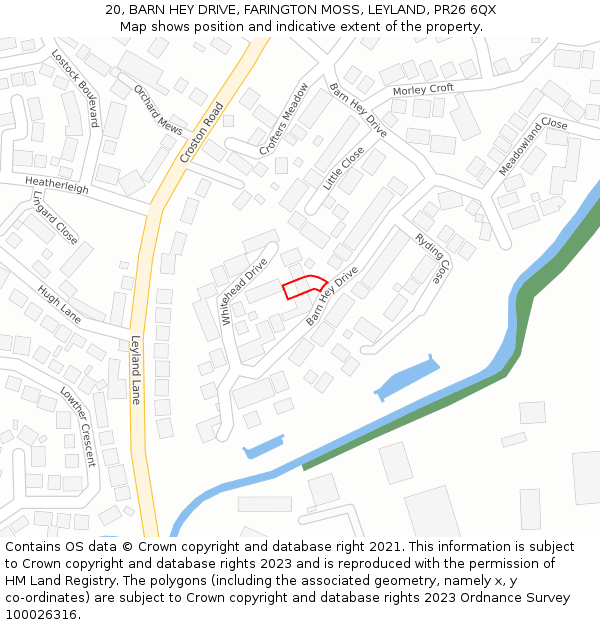 20, BARN HEY DRIVE, FARINGTON MOSS, LEYLAND, PR26 6QX: Location map and indicative extent of plot