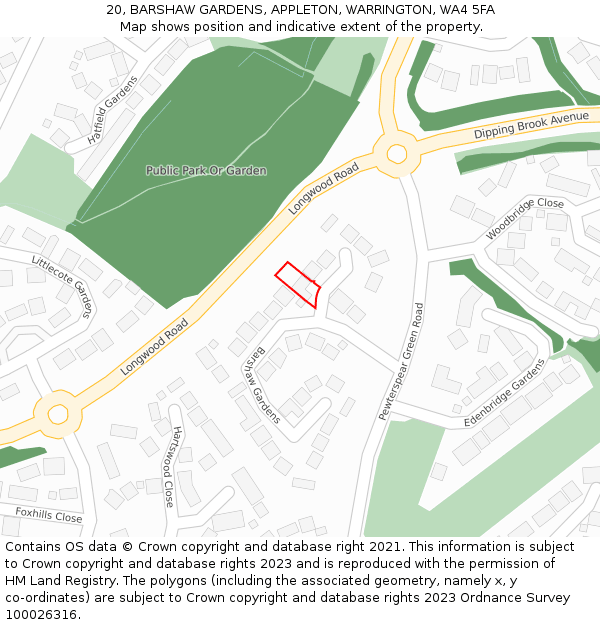 20, BARSHAW GARDENS, APPLETON, WARRINGTON, WA4 5FA: Location map and indicative extent of plot