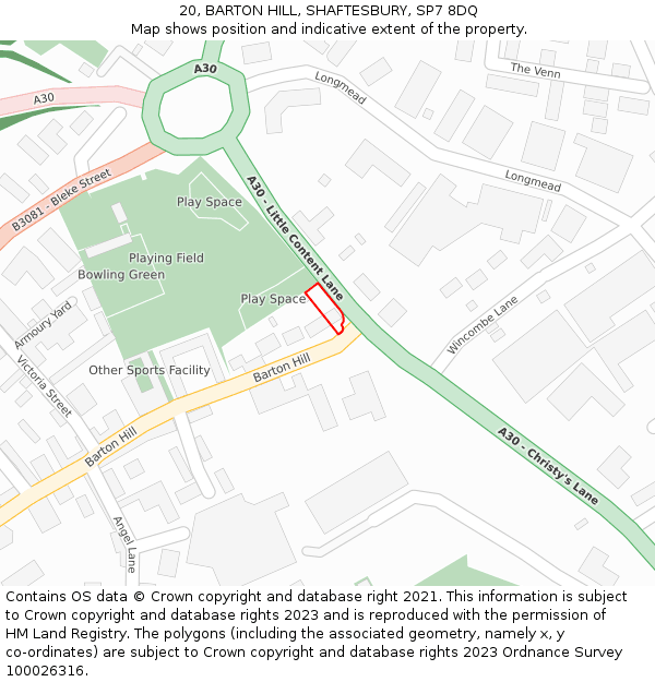 20, BARTON HILL, SHAFTESBURY, SP7 8DQ: Location map and indicative extent of plot